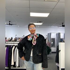 Chic Black Teddy Bear Faux Fur Jacket W Gold Buttons. Size M/L